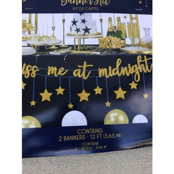 NEW YEAR'S EVE BANNER "Kiss Me at Midnight" 12 ft. Long Each. Contains 2 - Picture 3 of 7